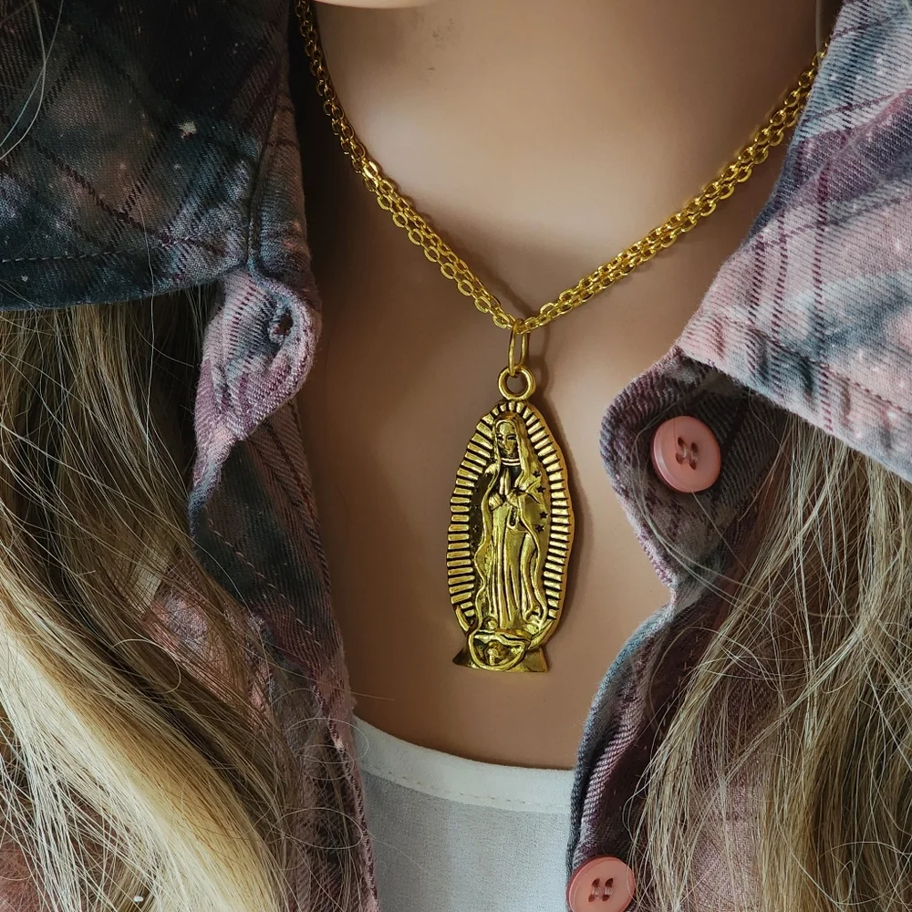 Large Our Lady of Guadalupe' Gold Medallion Long Chain Magnolia Rose